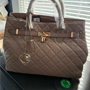 Bradley Mischka Quilted Taupe Handbag with Gold Accents